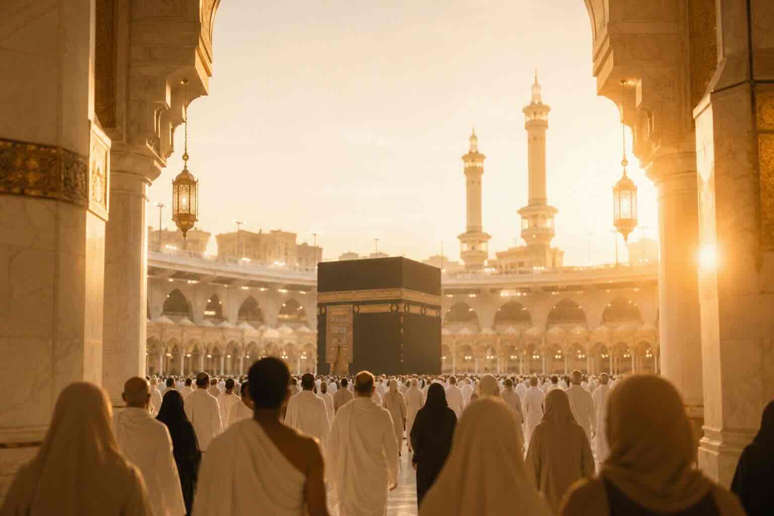 Première vue de la Kaaba depuis l'intérieur du Masjid Al-Haram, pèlerins de dos à l'heure dorée
